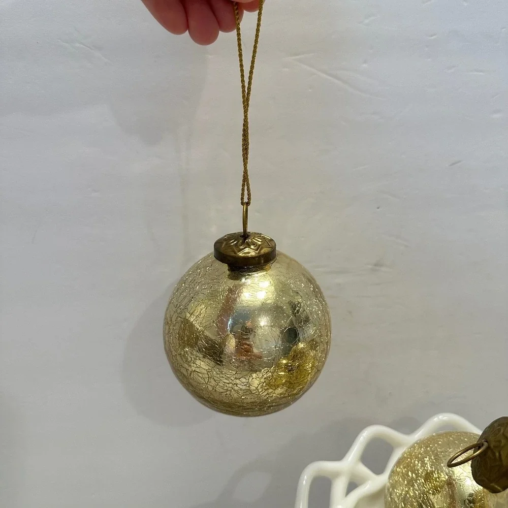 Restoration Hardware Gold Crackle Glass Ball Christmas Ornaments Set of 6 3.5in